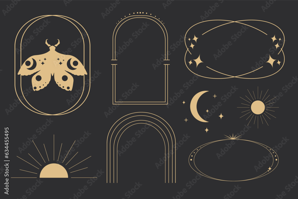 Wall mural set golden celestial frames, borders, arch line art esoteric minimal decoration with sparkles isolat