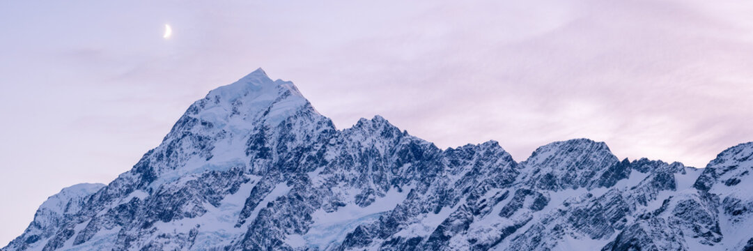 Panorama of mountain landscape in New Zealand of Aoraki / Mount Cook