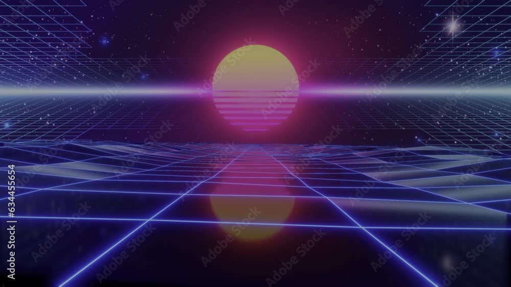 Poster synthwave sunset. animated background. 80s sun. wireframe landscape. retro future perspective grid. 