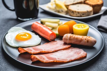 Breakfast with bacon, eggs, sausages and vegetables on dark background