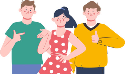 Positive boys and cute girl. Happy friends, dating or relationships. Female character and male fans, joyful vector young people