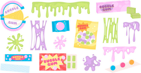 Gum splashes and pink slime, bubble gums sticky, chewing candies. Green splash, isolated blowing bubbles. Cartoon abstract racy vector clipart