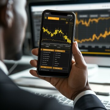 "Create a realistic composite image that seamlessly blends a close-up view of a Bitcoin gold cryptocurrency trading chart displayed on a smartphone (resolution 800x534 pixels) with a background or adj