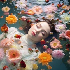 Underwater abstract portrait of young beautiful girl with colorful spring fresh flowers on water surface. Summer creative relaxing concept. Generative AI.