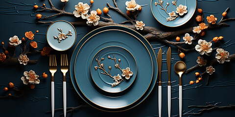 Elegant table setting with floral decor on dark blue background. 