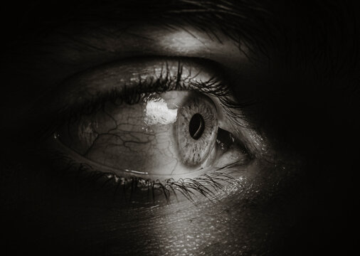 eye in the shadows peeping through a crack
