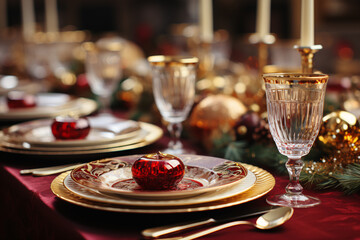 Elegant table setting with candles in restaurant. Selective focus. Romantic dinner setting with beautyful flowers and wineglasses on table in restaurant.