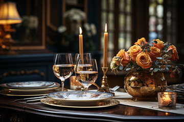Fototapeta na wymiar Elegant table setting with beautyful flowers, candles and wine glasses in restaurant.