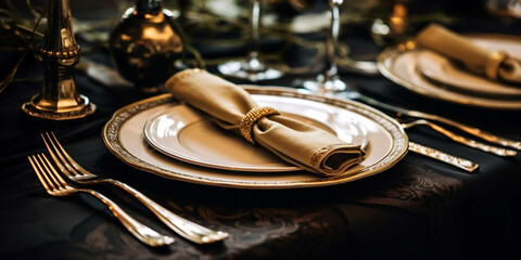 Elegant table setting with golden cutlery and napkin