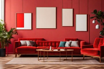 view of modern living room with red sofa and big blank portrait on the wall ai generated 