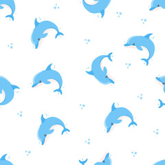 Obraz premium Seamless vector pattern on white background. Cute blue dolphins and water bubbles . Vector illustration