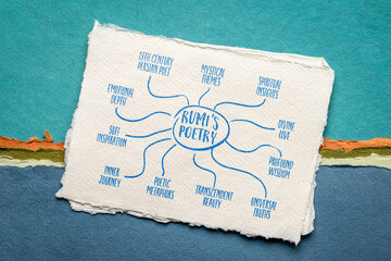 Rumi's poetry infographics or mind map sketch on art paper, influence of 13th century Persian poet...