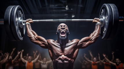  African American athlete holds the barbell overhead, a joyful expression on his face, cheering fans around him. Weightlifting World Cup 2023. Banner. Generative Ai content. - obrazy, fototapety, plakaty