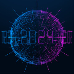  Sphere with the date 2024 in orbit. Festive fireworks. Polygonal design of interconnected elements.
