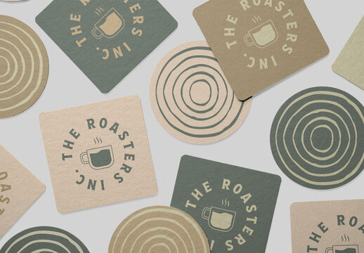 Mockup of customizable round and square cardboard coasters with customizable background