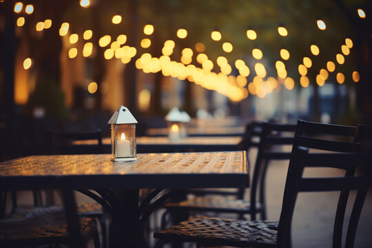 Wooden Table In A Night Cafe Outdoors. Generative AI