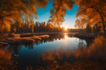 sunrise autumn view in the forest and stunning shadow view in the lake ai generated 