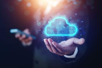 Business people display business data online in cloud plus data plus format for business technology analysis. cloud business development concept	