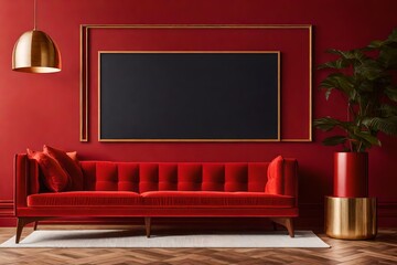 view of modern living room with red coloured sofa  and blank black mock-up on red wall ai generated