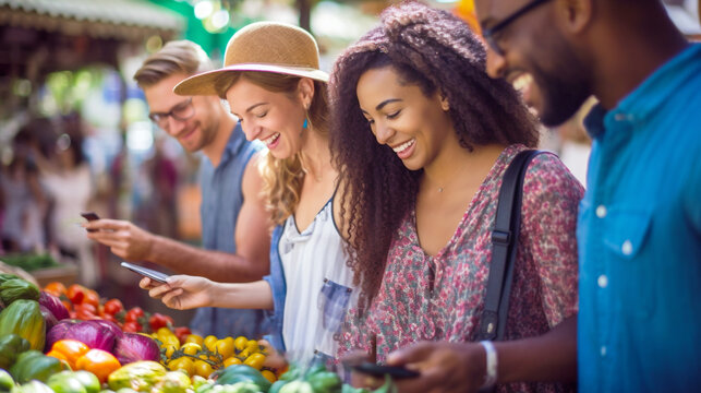 Group of friends sampling fresh produce from a market stand. Bustling farmer's market scene with colorful stalls, people interacting. Conscious Consumption. Banner. Generative Ai content