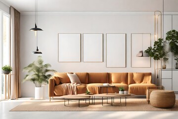 view of modern living room with furniture and white multiple blank mock-up on wall ai generated