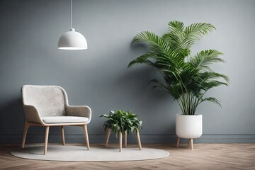 Fototapeta na wymiar modern interior design with room plant a single sofa and roof lamp ai generated