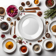 Flat lay composition with different spices and crockery on white background. Generative AI