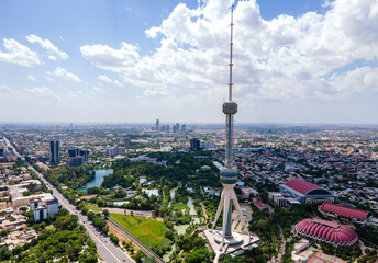 Aerial Shot of Tashkent TV Tower in Uzbekistan daytime