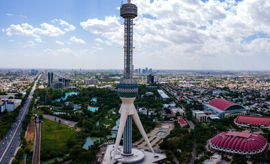 Aerial Shot of Tashkent TV Tower in Uzbekistan daytime