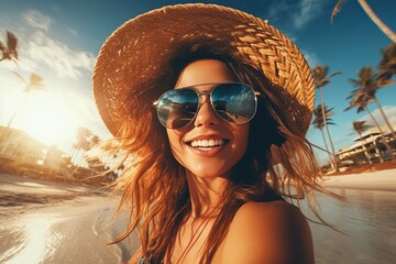 Beach Elegance. Beautiful Woman in Sunglasses. Coastal Charm and Effortless Glam. Captivating Pose by the Sea. Aesthetic Serenity in a Stock Photo Ai