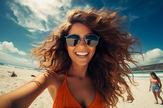 Beach Elegance. Beautiful Woman in Sunglasses. Coastal Charm and Effortless Glam. Captivating Pose by the Sea. Aesthetic Serenity in a Stock Photo Ai