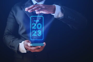 2023 business concept, businessman or engineer Show the trend of driving digital currency to develop online business.