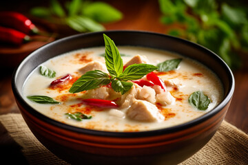 Close up of Tom Kha Gai chicken in coconut soup