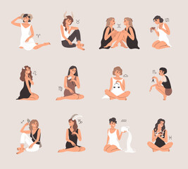 Zodiac collection set with beautiful woman characters in female astrology concept, astrological signs symbols with girls in vector graphic illustrations