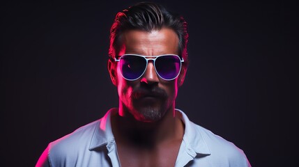 Obraz premium Neon light studio close-up portrait of serious man model with mustaches and beard in sunglasses and white t-shirt Generative AI