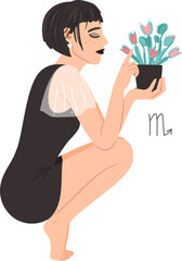 Zodiac sign Scorpio, beautiful woman with Venus-flytrap houseplant, horoscope astrology symbol