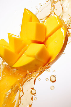 Sliced mangoes in a splash of juice on white background. Generative AI image.