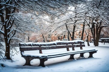 the majestic view of the bench coverd with snow in the park in winter morning  ai generated 