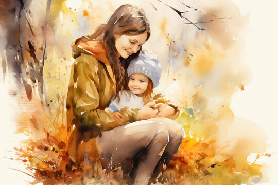 mother and daughter sitting outdoors in autumn, aquarelle style, ai generated