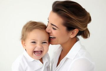 A business woman's face lights up with a warm smile and looking affectionately at her child. They share a joyful moment, embodying harmony of professional success and matural love.