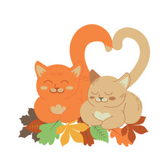 Cute cats in love on colorful autumn leaves. Welcome Fall concept. Cartoon animal character for kids t-shirts, nursery decoration, greeting card, invitation, house interior. Vector stock illustration