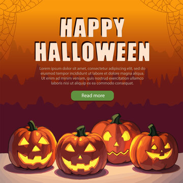 Square banner with orange Halloween pumpkins and spider web. October 31st party invitation or holiday sale poster with glowing Jack-o-lantern. Festive wallpaper, ad poster