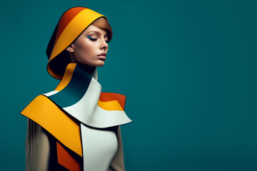 Portrait of a beautiful girl in colorful futuristic clothes. Costume, fashion, colorblocking design.