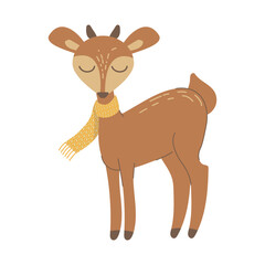 Cute little deer in scarf. Welcome Fall concept. Cartoon animal character for kids t-shirts, nursery decoration, greeting card, invitation, house interior. Vector stock illustration
