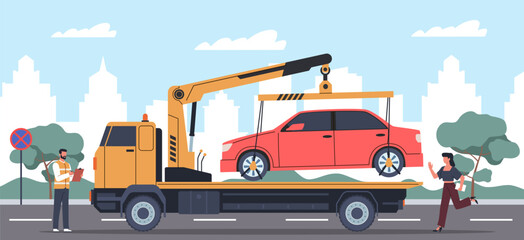 Evacuation service picks up car. Illegal parking, woman rushes to scene, cityscape, traffic situation, violation, automobile tow, roadside assistance nowaday vector cartoon flat concept