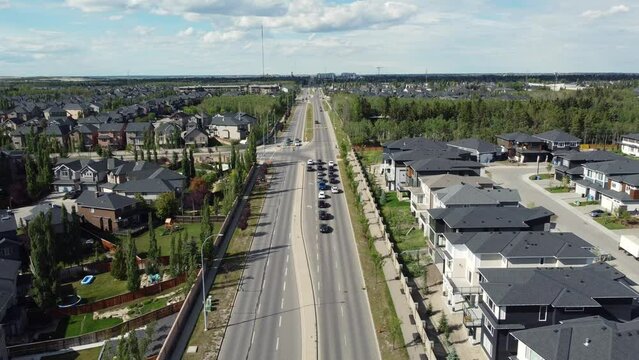 Aerial view of suburban development in the North American city of Calgary in Alberta, Canada. 