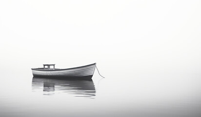 Minimalist landscape of small wooden boat isolated in water with a lot of fog. AI generated