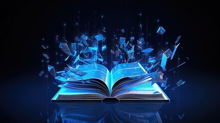 Open book, magic light, dark background. AI generation