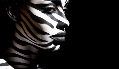 Fantasy face painting, zebra look, in white and black. AI generated