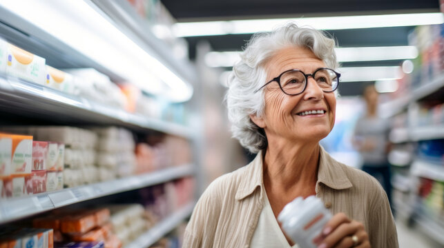an elderly woman is standing between the shelves of a supermarket. Generative ai